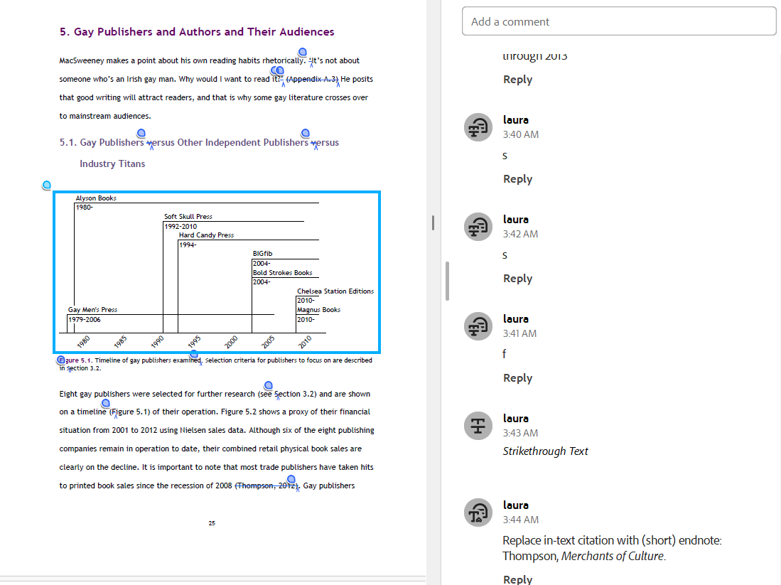 A screenshot of a page in Adobe Acrobat with blue editorial markup and the comment pane.