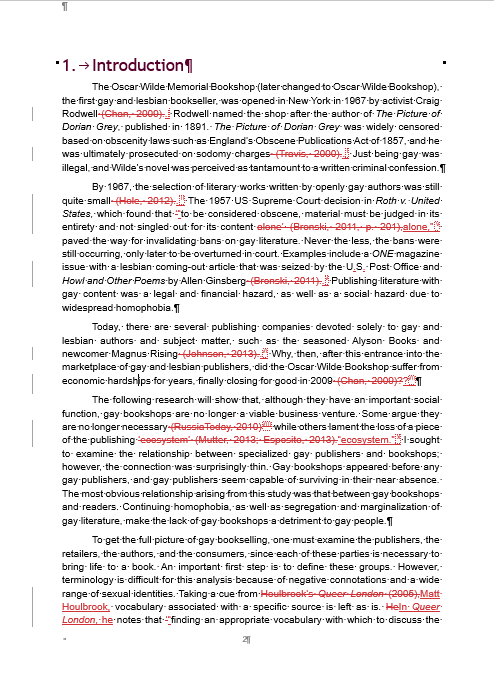 Screenshot of a Word page with invisible characters shown and Tracked Changes in red.