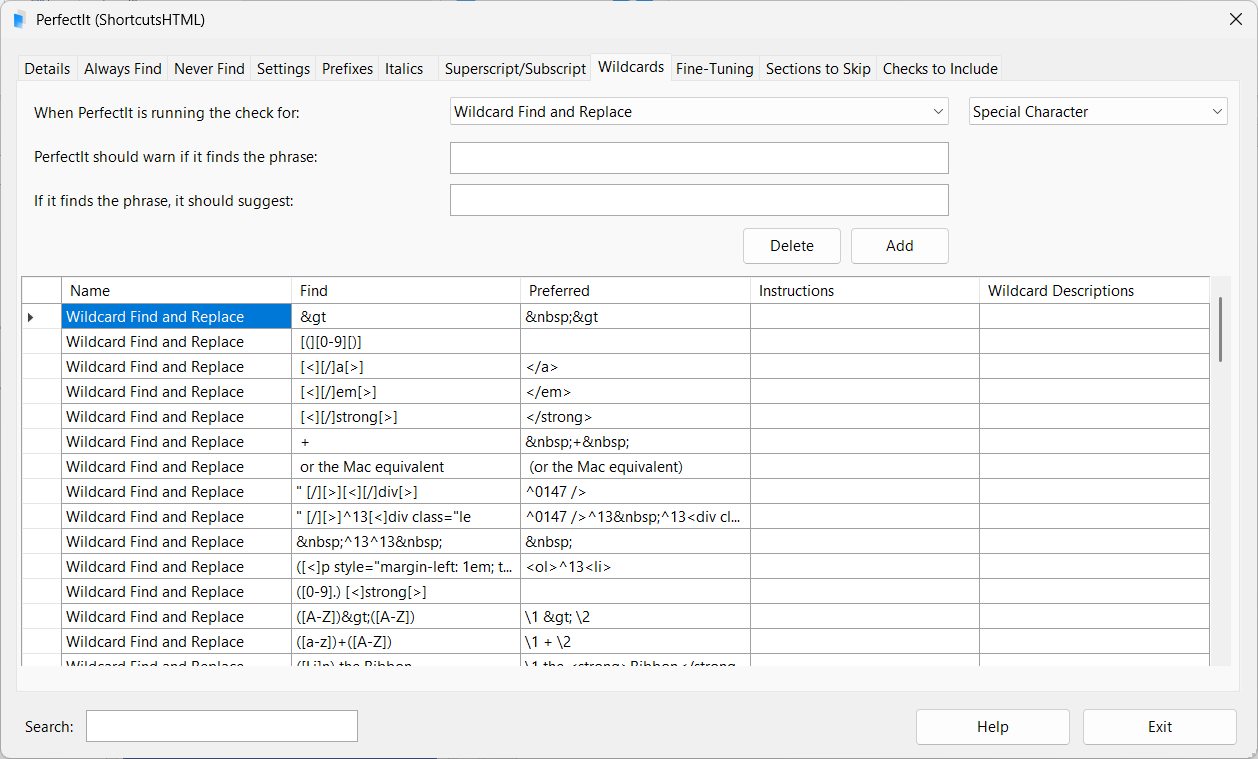 Screenshot of Wildcards tab in PerfectIt with project-specific rules.