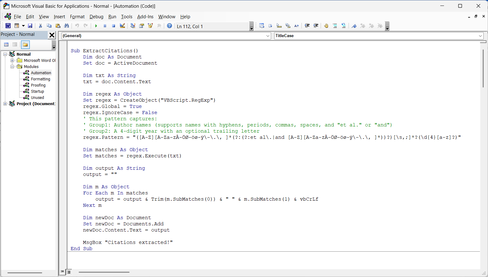Word VBA window showing a macro named "ExtractCitations."