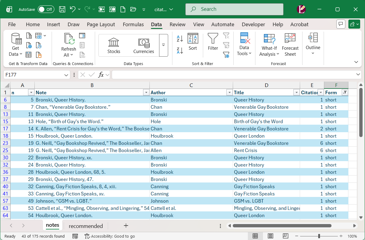 Screenshot of an Excel table of endnotes.