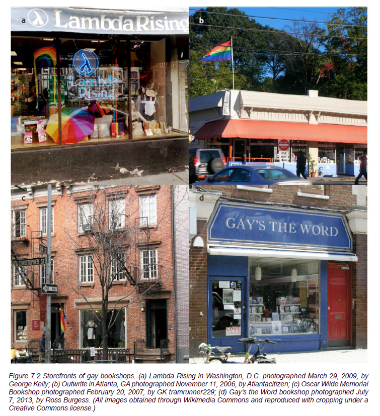 Four photographs of gay bookshop storefronts.